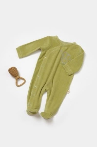 Salopeta Elefant cu maneca lunga si botosei din 80%bumbac organic si 20% poliester - Verde, BabyCosy (Marime: 0-3 Luni)