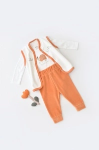 Set 3 piese Broscuta cu body, pantalonasi si vestuta din 80%bumbac organic si 20% poliester - Portocaliu, BabyCosy (Marime: 18-24 Luni)