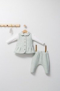 Set 3 piese: pantaloni, bluzita si vestuta eleganta pentru bebelusi Paris Love, Tongs baby (Culoare: Ecru, Marime: 9-12 luni) - Img 2