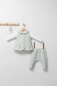 Set 3 piese: pantaloni, bluzita si vestuta eleganta pentru bebelusi Paris Love, Tongs baby (Culoare: Ecru, Marime: 9-12 luni) - Img 2
