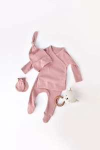 Set 4 piese: bluza, pantaloni, caciulita si manusi din bumbac organic si modal - Rose, BabyCosy (Marime: 6-9 luni)