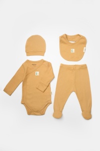 Set 4 piese:body, pantaloni, baveta si caciulita Bamboo, maro, BabyCosy, 50% bumbac+50%bambus (Marime: 3-6 Luni) - Img 2