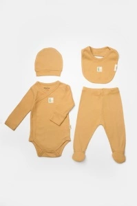 Set 4 piese:body, pantaloni, baveta si caciulita Bamboo, maro, BabyCosy, 50% bumbac+50%bambus (Marime: 3-6 Luni) - Img 2