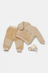 Set bluza cu buzunar si pantaloni Ursulet, Winter muselin, 100% bumbac dublat - Apricot, BabyCosy (Marime: 12-18 Luni)