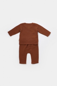 Set bluzita petrecuta si pantaloni lungi din muselina, BabyCosy, 100% bumbac organic, Caramiziu (Marime: 6-9 luni) - Img 3