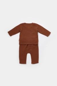 Set bluzita petrecuta si pantaloni lungi din muselina, BabyCosy, 100% bumbac organic, Caramiziu (Marime: 6-9 luni) - Img 3