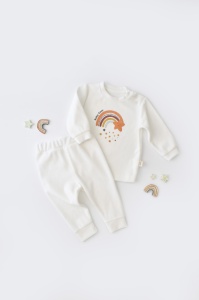Set Curcubeu cu bluzita cu maneca lunga si pantaloni lungi din 80%bumbac organic si 20% poliester - Ecru, BabyCosy (Marime: 6-9 luni)