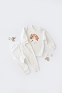 Set Curcubeu cu bluzita cu maneca lunga si pantaloni lungi din 80%bumbac organic si 20% poliester - Ecru, BabyCosy (Marime: 6-9 luni)