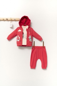 Set de 3 piese de trening Scufita rosie pentru bebelusi, Tongs baby (Marime: 9-12 luni, Culoare: Corai) - Img 1