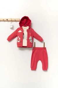Set de 3 piese de trening Scufita rosie pentru bebelusi, Tongs baby (Marime: 9-12 luni, Culoare: Corai)