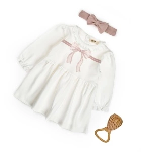 Set rochita cu bentita, Bow, BabyCosy, 100%bumbac organic, Powder (Marime: 12-18 Luni)