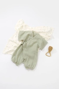Salopeta petrecuta din muselina, BabyCosy, 100% bumbac organic, Verde (Marime: 18-24 Luni) - Img 2