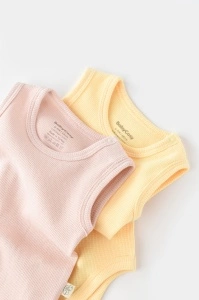 Set 2 body-uri fara maneci bebe unisex -100% bumbac organic - Galben/Roz, BabyCosy (Marime: 18-24 Luni) - Img 2
