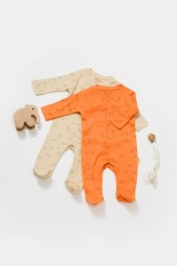 Set 2 salopete lungi Printed, BabyCosy, 50% modal+50% bumbac, Stone/Apricot (Marime: 3-6 Luni) - Img 2