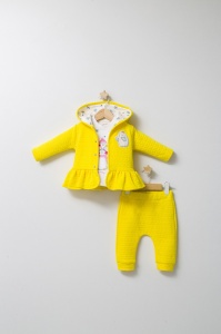 Set 3 piese: pantaloni, bluzita si hainuta cu gluga eleganta pentru bebelusi Crazy Penguins, Tongs baby (Culoare: Galben, Marime: 6-9 luni)