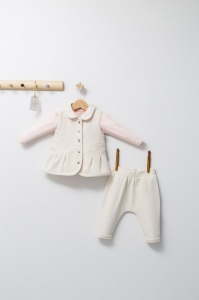 Set 3 piese: pantaloni, bluzita si vestuta eleganta pentru bebelusi Paris Love, Tongs baby (Marime: 18-24 Luni, Culoare: Ecru)
