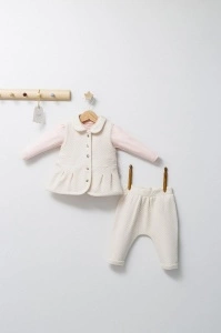 Set 3 piese: pantaloni, bluzita si vestuta eleganta pentru bebelusi Paris Love, Tongs baby (Marime: 18-24 Luni, Culoare: Ecru)