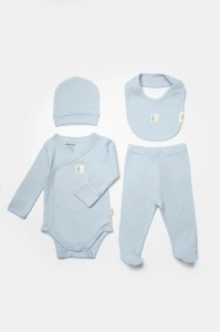 Set 4 piese:body, pantaloni, baveta si caciulita Bamboo, bleu, BabyCosy, 50% bumbac+50%bambus (Marime: 3-6 Luni) - Img 2