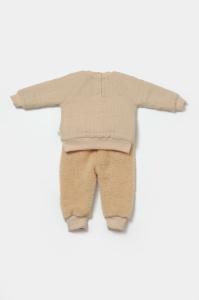 Set bluza cu buzunar si pantaloni Ursulet, Winter muselin, 100% bumbac dublat - Apricot, BabyCosy (Marime: 12-18 Luni) - Img 3