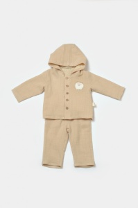 Set bluza cu gluga si pantaloni, Winter muselin, 100% bumbac - Apricot, BabyCosy (Marime: 6-9 luni) - Img 2