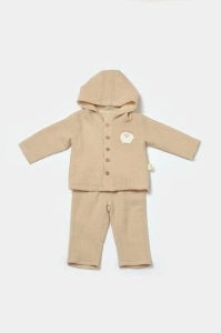 Set bluza cu gluga si pantaloni, Winter muselin, 100% bumbac - Apricot, BabyCosy (Marime: 6-9 luni) - Img 2