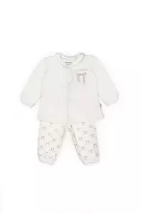 Set bluză și pantalon, Bow, BabyCosy, 100%bumbac organic, Powder (Marime: 3-6 Luni) - Img 3