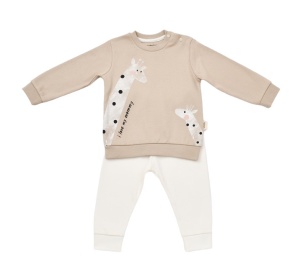 Set bluzita cu maneca lunga si pantaloni lungi cu buline Girafa, BabyCosy, 100% bumbac organic, Mink (Marime: 12-18 Luni)