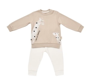 Set bluzita cu maneca lunga si pantaloni lungi cu buline Girafa, BabyCosy, 100% bumbac organic, Mink (Marime: 12-18 Luni)