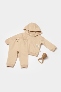 Set hanorac cu gluga si pantaloni, Two thread, 100%bumbac organic - Stone, BabyCosy (Marime: 9-12 luni) - Img 1