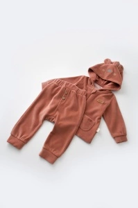 Set Ursulet cu bluzita cu fermoar si gluga si pantaloni lungi din 80%bumbac organic si 20% poliester - Caramiziu, BabyCosy (Marime: 18-24 Luni) - Img 2