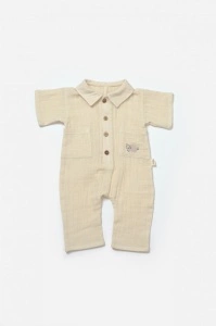 Salopeta cu maneca scurta si nasturei Sheep, 100% bumbac - Stone, BabyCosy (Marime: 12-18 Luni) - Img 3