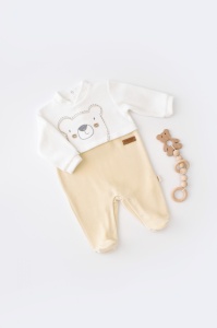 Salopeta Ursulet cu maneca lunga si botosei din 80%bumbac organic si 20% poliester - Crem, BabyCosy (Marime: 6-9 luni) - Img 1