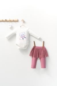 Set 2 piese cu body si pantalonasi cu tulle pentru fetite Monster, Tongs baby (Culoare: Roz, Marime: 18-24 Luni)