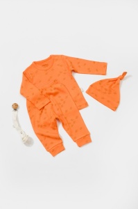 Set 3 piese:bluza, pantaloni si caciulita Printed, BabyCosy, 50% modal+50% bumbac, Apricot (Marime: 6-9 luni) - Img 1