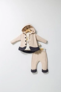 Set 3 piese: pantaloni, bluzita si hainuta cu gluga eleganta pentru bebelusi Fun Penguin, Tongs baby (Culoare: Ecru, Marime: 24-36 luni)