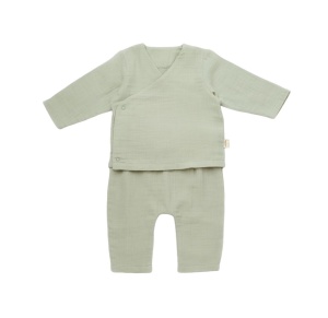 Set bluzita petrecuta si pantaloni lungi din muselina, BabyCosy, 100% bumbac organic, Verde (Marime: 12-18 Luni)