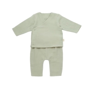 Set bluzita petrecuta si pantaloni lungi din muselina, BabyCosy, 100% bumbac organic, Verde (Marime: 12-18 Luni)