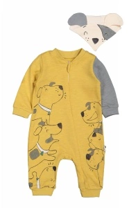 Salopeta cu baveta pentru bebelusi Dogs, Tongs baby (Culoare: Galben, Marime: 0-3 Luni)