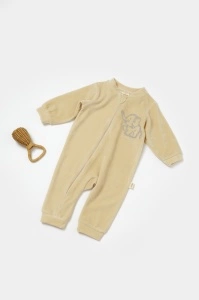 Salopeta Elefant cu maneca lunga din 80%bumbac organic si 20% poliester - Stone, BabyCosy (Marime: 9-12 luni)