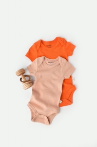 Set 2 body-uri bebe unisex din bumbac organic si modal - Rodie/Piersica, BabyCosy (Marime: 12-18 Luni) - Img 1