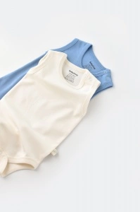 Set 2 body-uri fara maneci bebe unisex -100% bumbac organic - Ecru/Bleu, BabyCosy (Marime: 9-12 luni) - Img 2