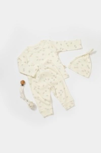 Set 3 piese:bluza, pantaloni si caciulita Printed, BabyCosy, 50% modal+50% bumbac, Ecru (Marime: 18-24 Luni)