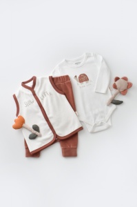 Set 3 piese Broscuta cu body, pantalonasi si vestuta din 80%bumbac organic si 20% poliester - Caramiziu, BabyCosy (Marime: 6-9 luni) - Img 2
