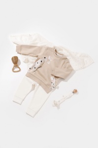 Set bluzita cu maneca lunga si pantaloni lungi cu buline Girafa, BabyCosy, 100% bumbac organic, Mink (Marime: 12-18 Luni) - Img 2