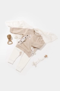 Set bluzita cu maneca lunga si pantaloni lungi cu buline Girafa, BabyCosy, 100% bumbac organic, Mink (Marime: 12-18 Luni) - Img 2
