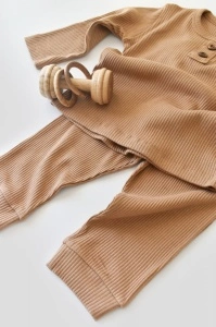 Set bluzita cu maneca lunga si pantaloni lungi din bumbac organic si modal - Maro BabyCosy (Marime: 6-9 luni) - Img 3