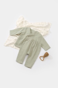 Set bluzita petrecuta si pantaloni lungi din muselina, BabyCosy, 100% bumbac organic, Verde (Marime: 18-24 Luni) - Img 2