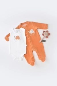 Set Broscuta cu salopeta si body din 80%bumbac organic si 20% poliester - Portocaliu, BabyCosy (Marime: 3-6 Luni)
