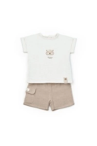Set tricou ecru cu pantaloni scurti TeddyBear, 100% bumbac organic, BabyCosy (Marime: 6-9 luni) - Img 2