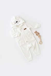 Set Ursulet cu bluzita cu fermoar si gluga si pantaloni lungi din 80%bumbac organic si 20% poliester - Ecru, BabyCosy (Marime: 18-24 Luni) - Img 1